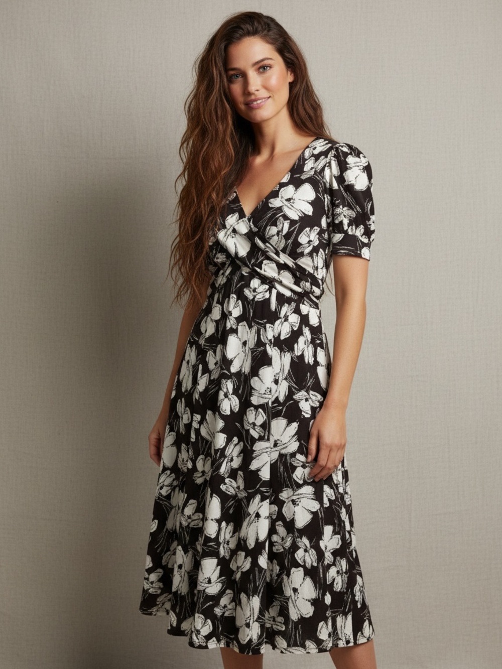 American Living Brown Dogwood Floral Surplice Top Flowy Country Dress Size 6